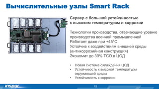 Сервер с большой устойчивостью
к высоким температурам и коррозии
Технологии производства, отвечающие уровню
производства военной промышленной
Работает даже при +45°С
Устойчив к воздействиям внешней среды
(антикоррозийная конструкция)
Экономит до 30% TCO в ЦОД
• Новая система охлаждения ЦОД
• Устойчивость к высокой температуры
окружающей среды
• Устойчивость к коррозии
15
Вычислительные узлы Smart Rack
 