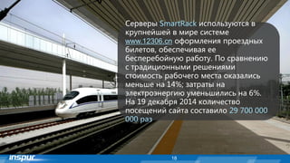 18
Серверы SmartRack используются в
крупнейшей в мире системе
www.12306.cn оформления проездных
билетов, обеспечивая ее
бесперебойную работу. По сравнению
с традиционными решениями
стоимость рабочего места оказались
меньше на 14%; затраты на
электроэнергию уменьшились на 6%.
На 19 декабря 2014 количество
посещений сайта составило 29 700 000
000 раз
 
