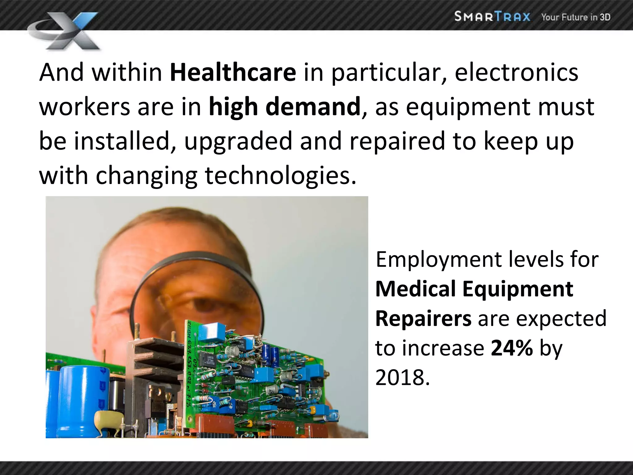 And within  Healthcare  in particular, electronics workers are in  high demand , as equipment must be installed, upgraded and repaired to keep up with changing technologies. Employment levels for  Medical Equipment  Repairers  are expected to increase  24%  by 2018. 