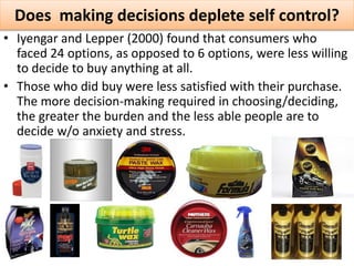 • Self-regulation consumes resources -
the self must override one response
and then substitute a different
response, and e...