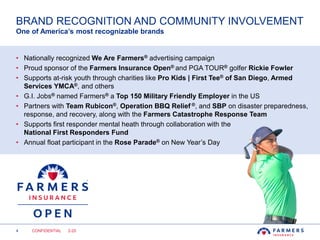 4
BRAND RECOGNITION AND COMMUNITY INVOLVEMENT
• Nationally recognized We Are Farmers® advertising campaign
• Proud sponsor of the Farmers Insurance Open® and PGA TOUR® golfer Rickie Fowler
• Supports at-risk youth through charities like Pro Kids | First Tee® of San Diego, Armed
Services YMCA®, and others
• G.I. Jobs® named Farmers® a Top 150 Military Friendly Employer in the US
• Partners with Team Rubicon®, Operation BBQ Relief ®, and SBP on disaster preparedness,
response, and recovery, along with the Farmers Catastrophe Response Team
• Supports first responder mental heath through collaboration with the
National First Responders Fund
• Annual float participant in the Rose Parade® on New Year’s Day
One of America’s most recognizable brands
CONFIDENTIAL 2-20
 