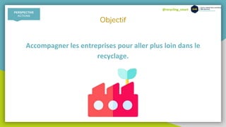 @recycling_smart
Objectif
Accompagner les entreprises pour aller plus loin dans le
recyclage.
PERSPECTIVE
ACTIONS
 