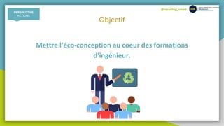 @recycling_smart
Objectif
Mettre l’éco-conception au coeur des formations
d'ingénieur.
PERSPECTIVE
ACTIONS
 
