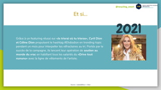 @recycling_smart
Et si...
Grâce à un featuring réussi sur «Je trierai où tu trieras», Cyril Dion
et Céline Dion propulsent le hashtag #Ehdisdion en trending topic
pendant un mois pour interpeller les réfractaires au tri. Portés par le
succès de la campagne, ils lancent leur opération de soutien au
monde du vrac en habillant tous les salariés du «Drive tout
nununu» avec la ligne de vêtements de l'artiste.
Source : Usbek&Rica + Citeo
2021
 