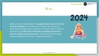 @recycling_smart
Et si...
Barboo, la nouvelle génération de poupées Barbie mixtes se décline
en version bambou et s'invite dans la chambre des kids de l'an
2020. Devant l'engouement suscité par le produit, Hasbro relance la
production des Action Men et Women en plastique biosourcé à
base de cellules de pomme de terre. Un mois plus tard, de petits
malins les mettent à la friteuse : la gamme est retirée.
Source : Usbek&Rica + Citeo
2024
 