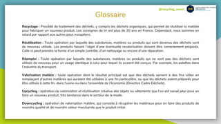@recycling_smart
Glossaire
Recyclage : Procédé de traitement des déchets, y compris les déchets organiques, qui permet de réutiliser la matière
pour fabriquer un nouveau produit. Les consignes de tri ont plus de 20 ans en France. Cependant, nous sommes en
retard par rapport aux autres pays européens.
Réutilisation : Toute opération par laquelle des substances, matières ou produits qui sont devenus des déchets sont
de nouveau utilisés. Les produits faisant l’objet d’une éventuelle revalorisation doivent être correctement préparés.
Celle-ci peut prendre la forme d’un simple contrôle, d’un nettoyage ou encore d’une réparation.
Réemploi : Toute opération par laquelle des substances, matières ou produits qui ne sont pas des déchets sont
utilisés de nouveau pour un usage identique à celui pour lequel ils avaient été conçus. Par exemple, les palettes dans
l’industrie du transport.
Valorisation matière : toute opération dont le résultat principal est que des déchets servent à des fins utiles en
remplaçant d'autres matières qui auraient été utilisées à une fin particulière, ou que les déchets soient préparés pour
être utilisés à cette fin, dans l'usine ou dans l'ensemble de l'économie (Directive Cadre Déchets).
Upcycling : opération de valorisation et réutilisation créative des objets ou vêtements que l’on est censé jeter pour en
faire un nouveau produit, très tendance dans le secteur de la mode.
Downcycling : opération de valorisation matière, qui consiste à récupérer les matériaux pour en faire des produits de
moindre qualité et de moindre valeur marchande que le produit initial.
 