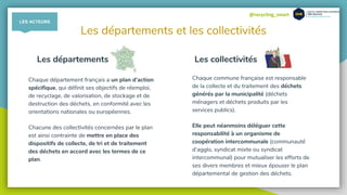 @recycling_smart
Les départements et les collectivités
Chaque département français a un plan d’action
spécifique, qui définit ses objectifs de réemploi,
de recyclage, de valorisation, de stockage et de
destruction des déchets, en conformité avec les
orientations nationales ou européennes.
Chacune des collectivités concernées par le plan
est ainsi contrainte de mettre en place des
dispositifs de collecte, de tri et de traitement
des déchets en accord avec les termes de ce
plan.
Les départements
Chaque commune française est responsable
de la collecte et du traitement des déchets
générés par la municipalité (déchets
ménagers et déchets produits par les
services publics).
Elle peut néanmoins déléguer cette
responsabilité à un organisme de
coopération intercommunale (communauté
d’agglo, syndicat mixte ou syndicat
intercommunal) pour mutualiser les efforts de
ses divers membres et mieux épouser le plan
départemental de gestion des déchets.
Les collectivités
LES ACTEURS
 