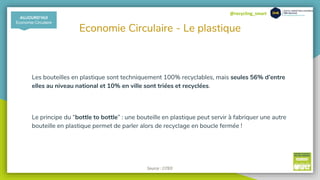 @recycling_smart
Economie Circulaire - Le plastique
Les bouteilles en plastique sont techniquement 100% recyclables, mais seules 56% d’entre
elles au niveau national et 10% en ville sont triées et recyclées.
Le principe du “bottle to bottle” : une bouteille en plastique peut servir à fabriquer une autre
bouteille en plastique permet de parler alors de recyclage en boucle fermée !
AUJOURD’HUI
Economie Circulaire
Source : CITEO
 