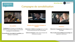 @recycling_smart
Campagne de sensibilisation
Eco-système
Familiariser les Français au recyclage des
appareils électronique grâce à une nouvelle
campagne de sensibilisation.
Personnification des objets du quotidien pour
impliquer le spectateur.
Ministère de la transition écologique et
solidaire
Démontrer l’utilité du recyclage tant sur le plan
environnemental que socio-économique
Inciter les Français à entrer dans la boucle de
l’économie circulaire.
Nespresso
Démontrer l’engagement de la marque pour le
recyclage
Mise en place d’une politique de recyclage des
capsules en aluminium
MIX MARKETING
TV
 