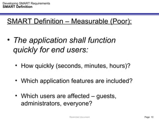 Developing SMART Requirements SMART Definition <ul><li>SMART Definition – Measurable (Poor): </li></ul><ul><li>The applica...