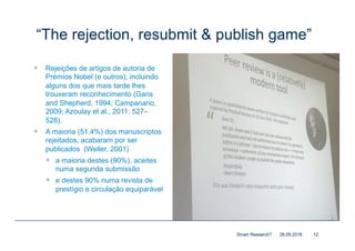 “The rejection, resubmit & publish game”
— Rejeições de artigos de autoria de
Prémios Nobel (e outros), incluindo
alguns dos que mais tarde lhes
trouxeram reconhecimento (Gans
and Shepherd, 1994; Campanario,
2009; Azoulay et al., 2011: 527–
528).
— A maioria (51.4%) dos manuscriptos
rejeitados, acabaram por ser
publicados (Weller, 2001)
— a maioria destes (90%), aceites
numa segunda submissão
— e destes 90% numa revista de
prestígio e circulação equiparável
28.09.2018Smart Research? 12
 