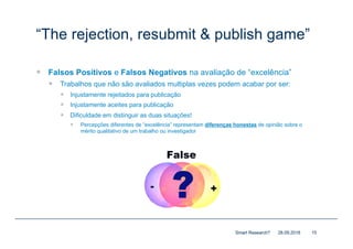 “The rejection, resubmit & publish game”
— Falsos Positivos e Falsos Negativos na avaliação de “excelência”
— Trabalhos que não são avaliados multiplas vezes podem acabar por ser:
— Injustamente rejeitados para publicação
— Injustamente aceites para publicação
— Dificuldade em distinguir as duas situações!
— Percepções diferentes de “excelência” representam diferenças honestas de opinião sobre o
mérito qualitativo de um trabalho ou investigador
28.09.2018Smart Research? 15
 