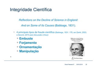 Integridade Científica
Reflections on the Decline of Science in England:
And on Some of Its Causes (Babbage, 1831).
— 4 principais tipos de fraude científica (Babbage, 1831: 178; ver Zankl, 2003;
e Secord, 2015 para discussão crítica):
— Embuste
— Forjamento
— Ornamentação
— Manipulação
—
28.09.2018Smart Research? 20
 
