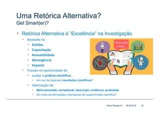 Uma Retórica Alternativa?
Get Smart(er)?
— Retórica Alternativa à ”Excelência” na Investigação
— Baseada na:
— Solidez
— Capacitação
— Acessibilidade
— Abrangência
— Impacto
— Focada na oportunidade de:
— avaliar a prática científica…
— em vez de (apenas) resultados científicos?
— Valorização de:
— Meticulosidade, completude, descrição, evidência, probidade
— Ao invés de afirmações chamativas de superioridade científica?
28.09.2018Smart Research? 30
 