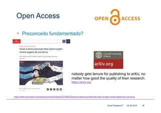 Open Access
— Preconceito fundamentado?
—
28.09.2018Smart Research? 36
https://www.economist.com/science-and-technology/2018/06/23/some-science-journals-that-claim-to-peer-review-papers-do-not-do-so
nobody gets tenure for publishing to arXiv, no
matter how good the quality of their research.
https://arxiv.org
 