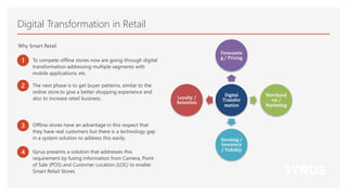 Digital Transformation in Retail
Why Smart Retail
1 To compete offline stores now are going through digital
transformation addressing multiple segments with
mobile applications, etc.
2 The next phase is to get buyer patterns, similar to the
online store.to give a better shopping experience and
also to increase retail business.
3 Offline stores have an advantage in this respect that
they have real customers but there is a technology gap
in a system solution to address this easily.
4 Gyrus presents a solution that addresses this
requirement by fusing information from Camera, Point
of Sale (POS) and Customer Location (LOC) to enable
Smart Retail Stores.
 