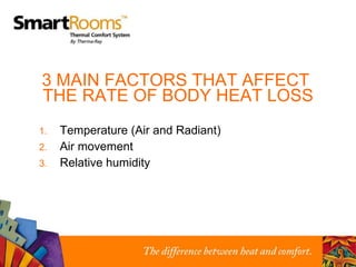 3 MAIN FACTORS THAT AFFECT  THE RATE OF BODY HEAT LOSS Temperature (Air and Radiant) Air movement Relative humidity 