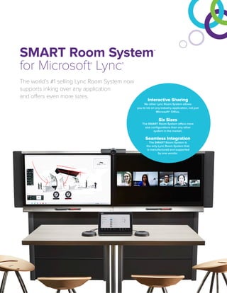 SMART Room System™
for Microsoft®
Lync®
The world’s #1 selling Lync Room System now
supports inking over any application
and offers even more sizes.
Interactive Sharing
No other Lync Room System allows
you to ink on any industry application, not just
Microsoft® Office.
Six Sizes
The SMART Room System offers more
size configurations than any other
system in the market.
Seamless Integration
The SMART Room System is
the only Lync Room System that
is manufactured and supported
by one vendor.
 