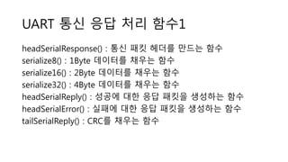 UART 통신 응답 처리 함수1
headSerialResponse() : 통신 패킷 헤더를 만드는 함수
serialize8() : 1Byte 데이터를 채우는 함수
serialize16() : 2Byte 데이터를 채우는 함수
serialize32() : 4Byte 데이터를 채우는 함수
headSerialReply() : 성공에 대한 응답 패킷을 생성하는 함수
headSerialError() : 실패에 대한 응답 패킷을 생성하는 함수
tailSerialReply() : CRC를 채우는 함수
 
