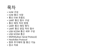 목차
• H/W 구성
• H/W 통신 사양
• 통신 F/W 흐름도
• UART 통신 함수 구성
• 통신 패킷 처리 방법
• UART 통신 패킷 형식
• UART 통신 응답 처리 함수
• USB VCOM 통신 세부 구성
• USB VCOM 통신
• MSP(Multiwii Serial Protocol)
• HexAirBot Protocol
• 향후 추가해야 할 통신 기능
• 참고 자료
 