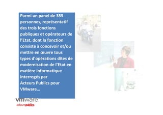 Parmi un panel de 355
personnes, représentatif
des trois fonctions
publiques et opérateurs de
l’Etat, dont la fonction
consiste à concevoir et/ou
mettre en œuvre tous
types d’opérations dites de
modernisation de l’Etat en
matière informatique
interrogés par
Acteurs Publics pour
VMware…
 