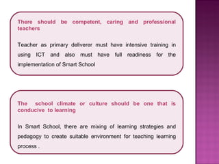 There should be competent, caring and professional teachers Teacher as primary deliverer must have intensive training in using ICT and also must have full readiness for the implementation of Smart School The  school climate or culture should be one that is conducive  to learning In Smart School, there are mixing of learning strategies and pedagogy to create suitable environment for teaching learning process . 