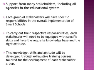 Support from many stakeholders, including all agencies in the educational system. Each group of stakeholders will have specific responsibilities in the overall implementation of Smart Schools.  To carry out their respective responsibilities, each stakeholder will need to be equipped with specific skills and have the requisite knowledge base and the right attitude.  This knowledge, skills and attitude will be developed through exhaustive training courses tailored for the development of each stakeholder group. 