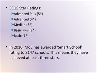 • SSQS Star Ratings:
    Advanced Plus (5*)
    Advanced (4*)
    Median (3*)
    Basic Plus (2*)
    Basic (1*)


• In 2010, MoE has awarded ‘Smart School’
  rating to 8147 schools. This means they have
  achieved at least three stars.
 