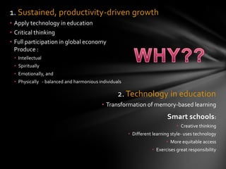 various curricula on-going evaluation, handled by professional administrators and teachers.Uses ICT in education –tools-SMART SCHOOL?Uses a technology platform Medium for distance learning specific teaching expertise are made available remote locations including the home