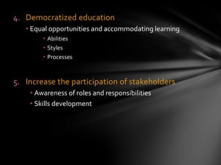 Prepare children for the Information Age:   promote goals of National Philosophy of   Education EmphasizesIntellectual, Emotional, Spiritual, and Physical growthProvide all-round development Broad curriculum – electives n vertically integratedMultidisciplinary and interdisciplinarySMART SCHOOL CONCEPT: