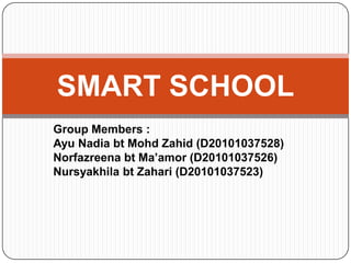 SMART SCHOOL
Group Members :
Ayu Nadia bt Mohd Zahid (D20101037528)
Norfazreena bt Ma’amor (D20101037526)
Nursyakhila bt Zahari (D20101037523)
 
