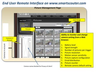 End User Remote Interface on www.smartscouter.com 
Cameras in account 
Pictures 
Date Range 
Picture Management Page 
Cameras in Account 
Camera names blocked for Privacy of client! 
Ability to monitor and change camera setting from a Web browser. 
1.Battery level 
2.Signal strength 
3.Number of pictures per trigger 
4.Picture resolution 
5.Motion sensor sensitivity 
6.Picture capture configuration 
7.Email distribution 
8.Picture counter 
9.Remote camera default setting  