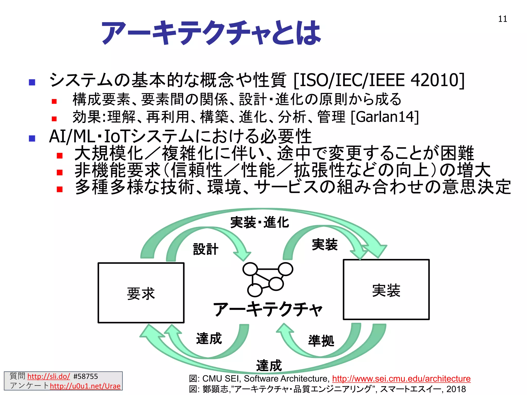 質問 http://sli.do/ #58755
アンケートhttp://u0u1.net/Urae
アーキテクチャとは
◼ システムの基本的な概念や性質 [ISO/IEC/IEEE 42010]
◼ 構成要素、要素間の関係、設計・進化の原則から成る
◼ 効果:理解、再利用、構築、進化、分析、管理 [Garlan14]
◼ AI/ML・IoTシステムにおける必要性
◼ 大規模化／複雑化に伴い、途中で変更することが困難
◼ 非機能要求（信頼性／性能／拡張性などの向上）の増大
◼ 多種多様な技術、環境、サービスの組み合わせの意思決定
11
実装要求
設計 実装
実装・進化
達成 準拠
達成
アーキテクチャ
図: CMU SEI, Software Architecture, http://www.sei.cmu.edu/architecture
図: 鄭顕志,”アーキテクチャ・品質エンジニアリング”, スマートエスイー, 2018
 