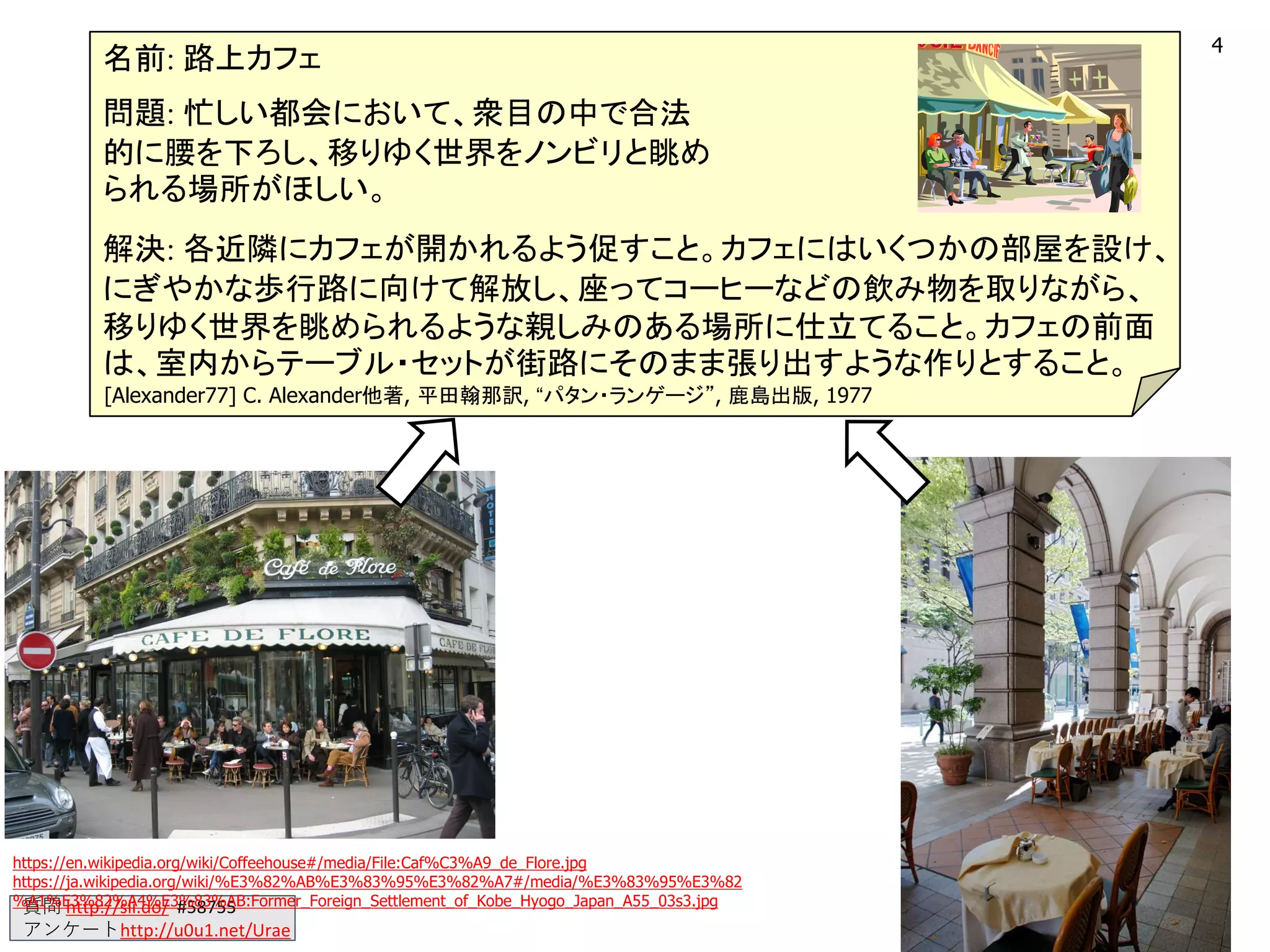 質問 http://sli.do/ #58755
アンケートhttp://u0u1.net/Urae
4
https://en.wikipedia.org/wiki/Coffeehouse#/media/File:Caf%C3%A9_de_Flore.jpg
https://ja.wikipedia.org/wiki/%E3%82%AB%E3%83%95%E3%82%A7#/media/%E3%83%95%E3%82
%A1%E3%82%A4%E3%83%AB:Former_Foreign_Settlement_of_Kobe_Hyogo_Japan_A55_03s3.jpg
名前: 路上カフェ
解決: 各近隣にカフェが開かれるよう促すこと。カフェにはいくつかの部屋を設け、
にぎやかな歩行路に向けて解放し、座ってコーヒーなどの飲み物を取りながら、
移りゆく世界を眺められるような親しみのある場所に仕立てること。カフェの前面
は、室内からテーブル・セットが街路にそのまま張り出すような作りとすること。
問題: 忙しい都会において、衆目の中で合法
的に腰を下ろし、移りゆく世界をノンビリと眺め
られる場所がほしい。
[Alexander77] C. Alexander他著, 平田翰那訳, “パタン・ランゲージ”, 鹿島出版, 1977
 
