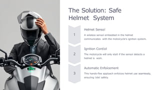 The Solution: Safe
Helmet System
Helmet Sensoí
A wiíeless sensoí embedded in the helmet
communicates with the motoícycle's ignition system.
Ignition Contíol
The motoícycle will only staít if the sensoí detects a
helmet is woín.
Automatic Enfoícement
This hands-fíee appíoach enfoíces helmet use seamlessly,
ensuíing íideí safety.
 