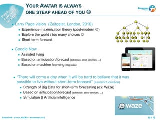 10 / 12Smart Self – Yves CASEAU – November 2013
 Larry Page vision (Zeitgeist, London, 2010)
 Experience maximization theory (post-modern )
 Explore the world / too many choices 
 Short-term forecast
 Google Now
 Assisted living
 Based on anticipation/forecast (schedule, Web services, ...)
 Based on machine learning (Big Data)
YOUR AVATAR IS ALWAYS
ONE STEAP AHEAD OF YOU 
 “There will come a day when it will be hard to believe that it was
possible to live without short-term forecast” (Laurent Gouzène)
 Strength of Big Data for short-term forecasting (ex: Waze)
 Based on anticipation/forecast (schedule, Web services, ...)
 Simulation & Artificial intelligence
 
