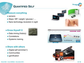 6 / 12Smart Self – Yves CASEAU – November 2013
QUANTIFIED SELF
 Measure everything
 sensors
 Steps / BP / weight / glucose / …
 Nano technology revolution in sight
 Know thyself 
 Data mining (history)
 Correlations
 Systemic training
 Share with others
 Digital self (enriched !)
 Communities
 gamification
 