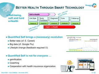 7 / 12Smart Self – Yves CASEAU – November 2013
BETTER HEALTH THROUGH SMART TECHNOLOGY
 Well-being,
soft and hard
e-Health
 Quantified Self brings a (necessary) revolution
 Better data (cf. E. Careel)
 Big data (cf. Google Flu)
 Lifestyle change (feedback required )
 Quantified Self is not for everyone …
 gamification
 Coaching
 Cooperation with health insurance organization
Soft e-Health
Life Style Body
Functions
Diagnosis Cure
« hard » e-Health
measure measure measure measure
Follow-up
measure
 