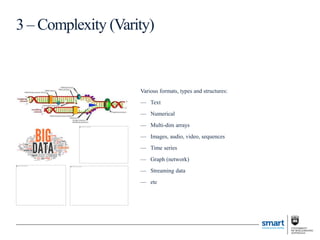 Various formats, types and structures:
— Text
— Numerical
— Multi-dim arrays
— Images, audio, video, sequences
— Time series
— Graph (network)
— Streaming data
— etc
3 – Complexity (Varity)
 
