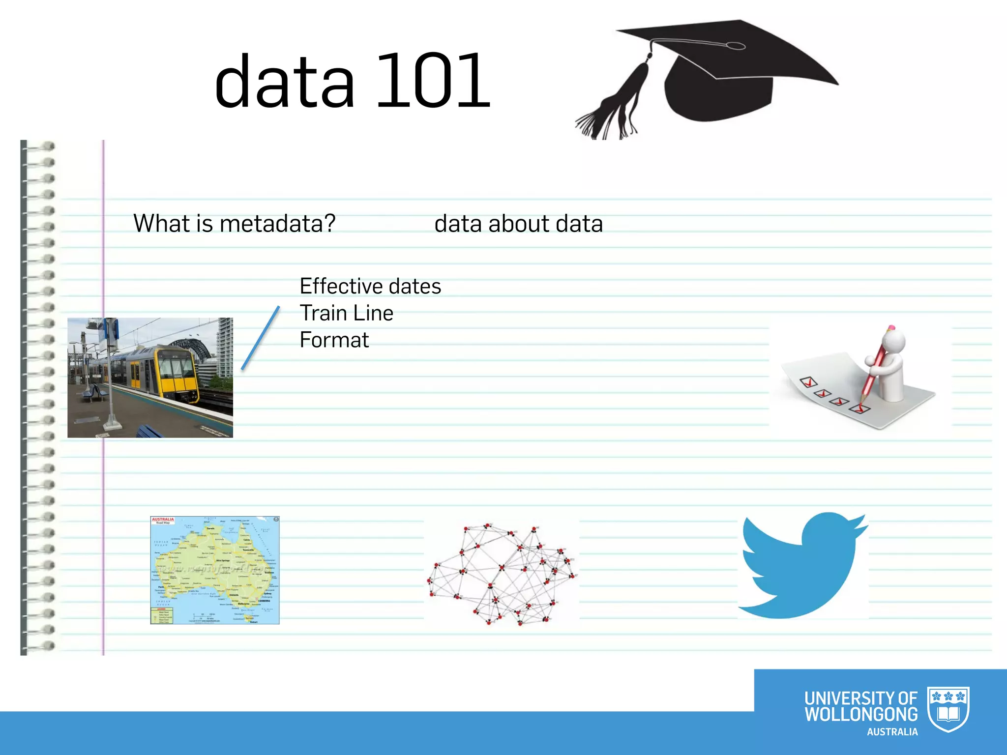 data 101
What is metadata? data about data
Effective dates
Train Line
Format
 
