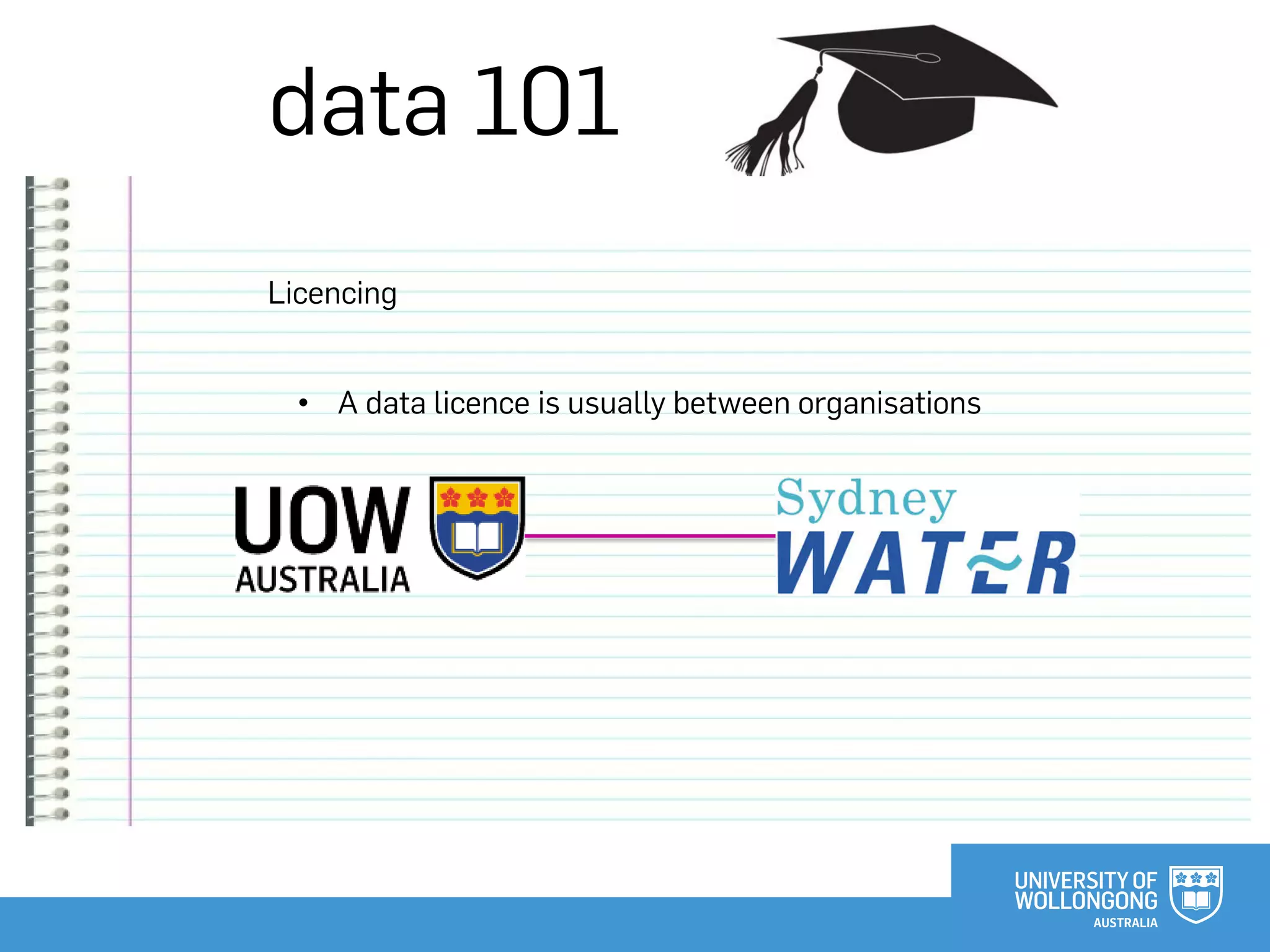 data 101
Licencing
• A data licence is usually between organisations
 