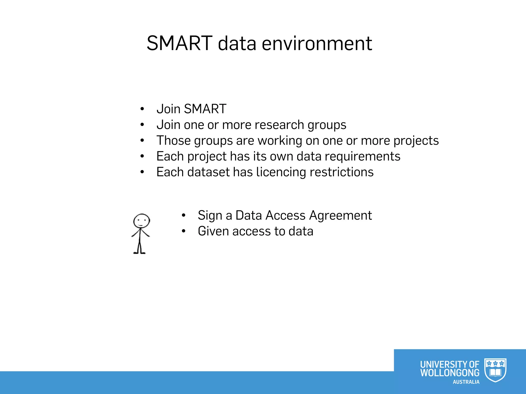 SMART data environment
• Join SMART
• Join one or more research groups
• Those groups are working on one or more projects
• Each project has its own data requirements
• Each dataset has licencing restrictions
• Sign a Data Access Agreement
• Given access to data
 