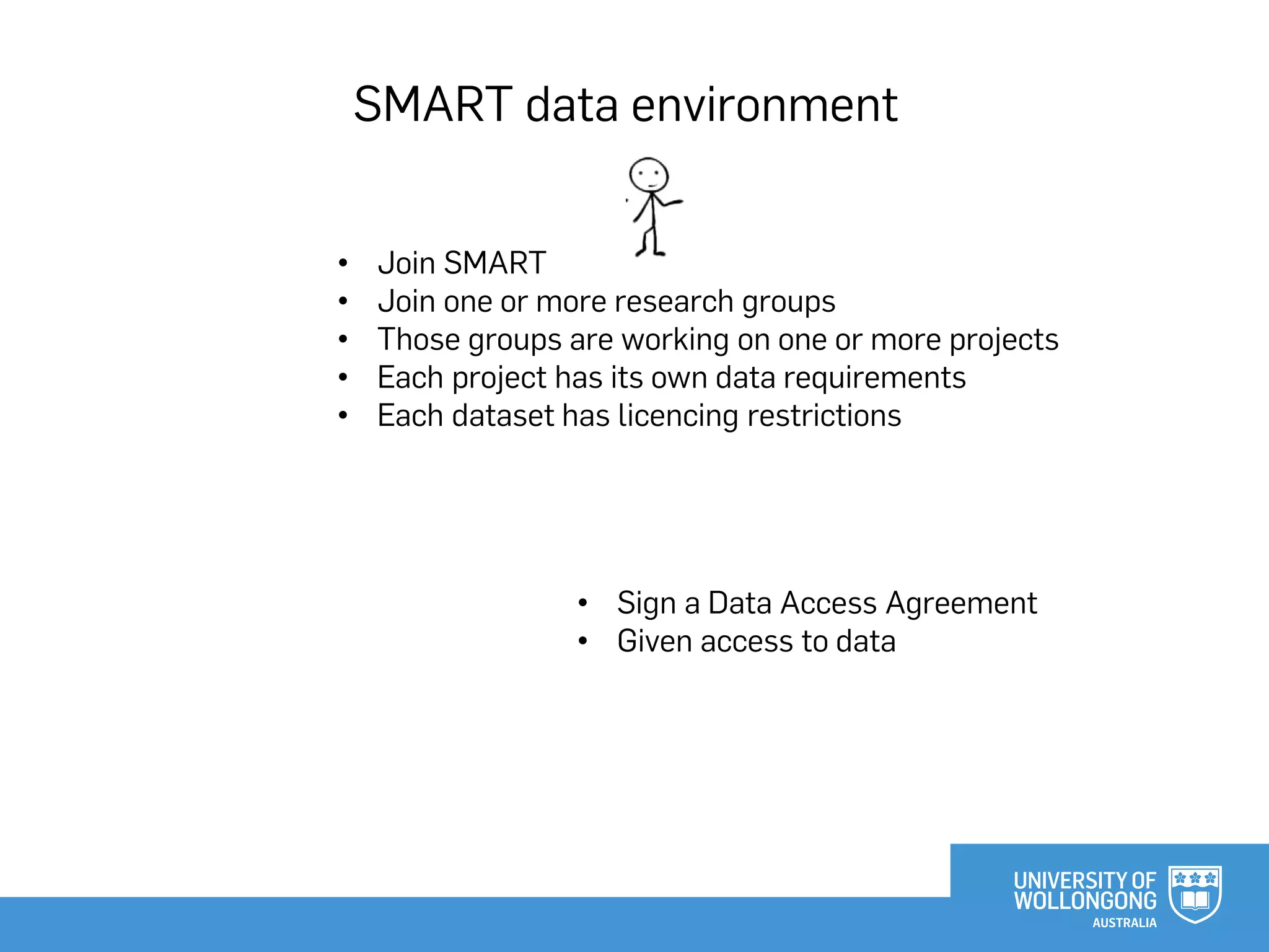 SMART data environment
• Join SMART
• Join one or more research groups
• Those groups are working on one or more projects
• Each project has its own data requirements
• Each dataset has licencing restrictions
• Sign a Data Access Agreement
• Given access to data
 