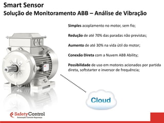 Simples acoplamento no motor, sem fio;
Redução de até 70% das paradas não previstas;
Aumento de até 30% na vida útil do motor;
Conexão Direta com a Nuvem ABB Ability;
Possibilidade de uso em motores acionados por partida
direta, softstarter e inversor de frequência;
Smart Sensor
Solução de Monitoramento ABB – Análise de Vibração
 