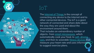 IoT
The Internet of Things is the concept of
connecting any device to the Internet and to
other connected devices. The IoT is a giant
network of connected and share data about
the way they are used and about the
environment around them.
That includes an extraordinary number of
objects- from smart microwaves, which
automatically cook your food, to self- driving
cars, and then to wearable fitness devices that
measure your heart rate and uses information
to suggest exercise plans.
 