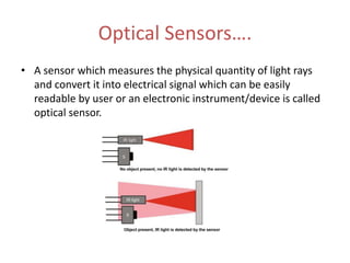 Optical Sensors….
• A sensor which measures the physical quantity of light rays
and convert it into electrical signal which can be easily
readable by user or an electronic instrument/device is called
optical sensor.
 