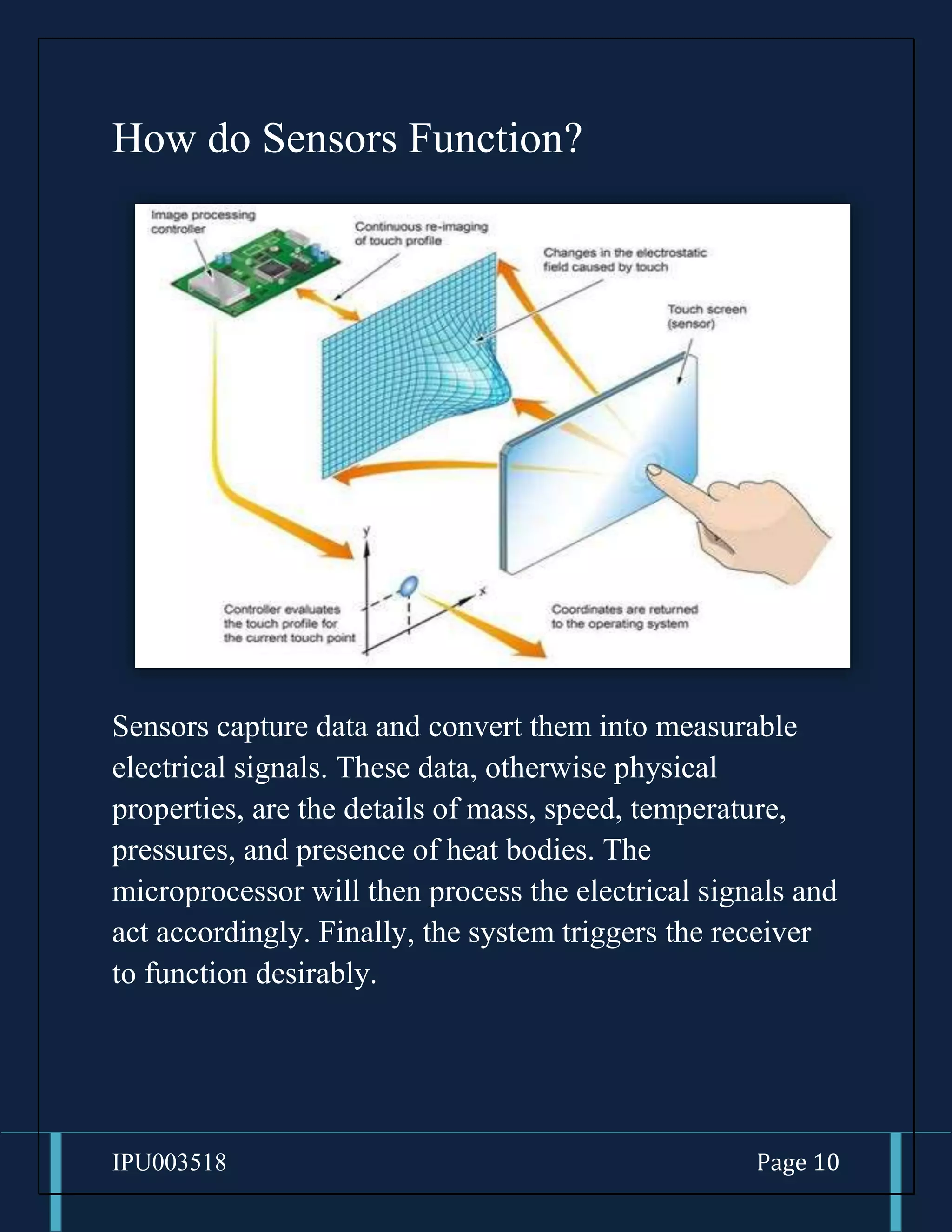 IPU003518 Page 10
How do Sensors Function?
Sensors capture data and convert them into measurable
electrical signals. These data, otherwise physical
properties, are the details of mass, speed, temperature,
pressures, and presence of heat bodies. The
microprocessor will then process the electrical signals and
act accordingly. Finally, the system triggers the receiver
to function desirably.
 