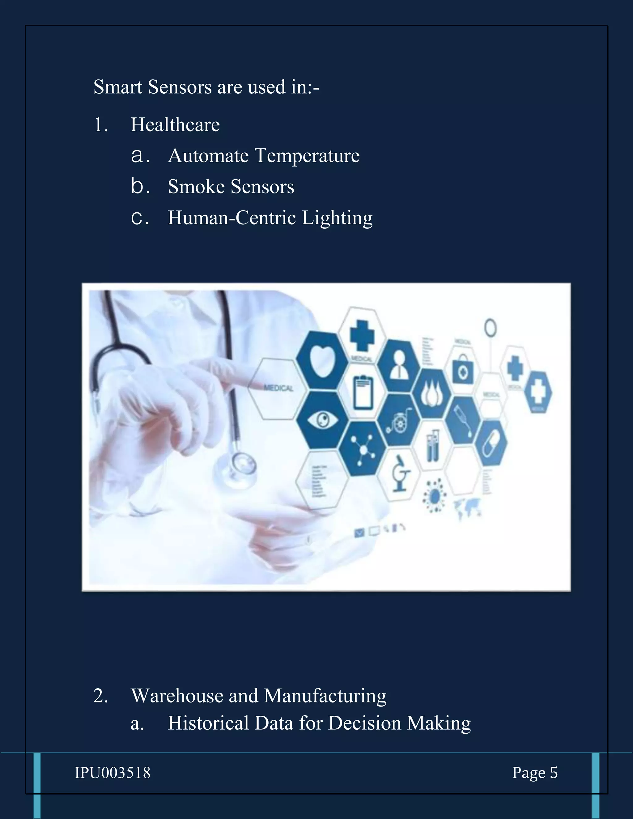 IPU003518 Page 5
Smart Sensors are used in:-
1. Healthcare
a. Automate Temperature
b. Smoke Sensors
c. Human-Centric Lighting
2. Warehouse and Manufacturing
a. Historical Data for Decision Making
 