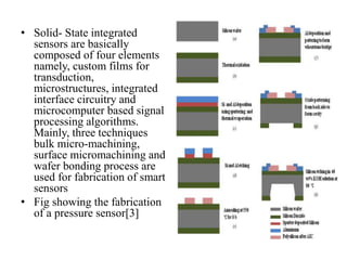 • Solid- State integrated
sensors are basically
composed of four elements
namely, custom films for
transduction,
microstructures, integrated
interface circuitry and
microcomputer based signal
processing algorithms.
Mainly, three techniques
bulk micro-machining,
surface micromachining and
wafer bonding process are
used for fabrication of smart
sensors
• Fig showing the fabrication
of a pressure sensor[3]
 