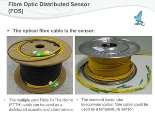 Fibre Optic Distributed Sensor
(FOS)
 The optical fibre cable is the sensor:
• The multiple core Fibre To The Home
(FTTH)...